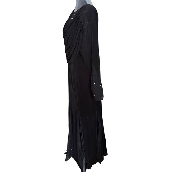 Vintage Black Long Sleeve Gown With Rhinestone Accents & Draped Back By Stefanys - Picture 4 of 8